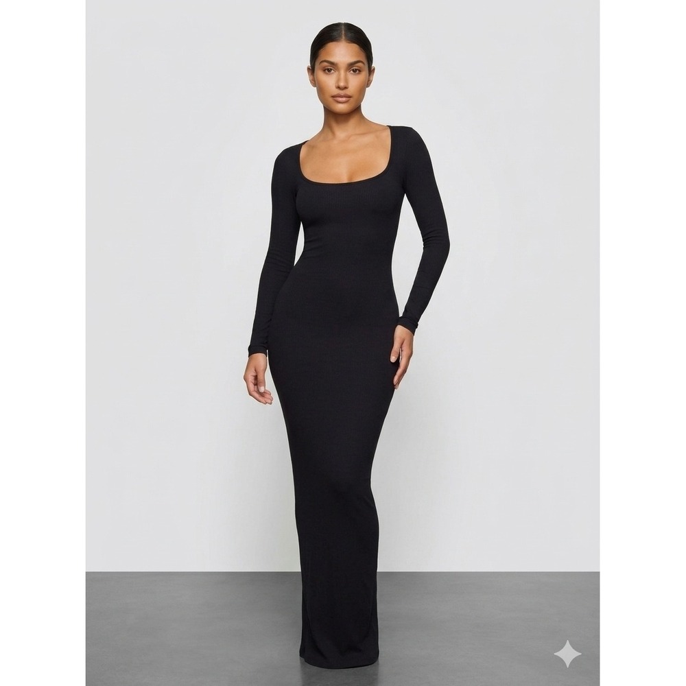 SKIMS Maxi Dress Womens XS Black Soft Lounge Long Sleeve Ribbed Scoop Neck